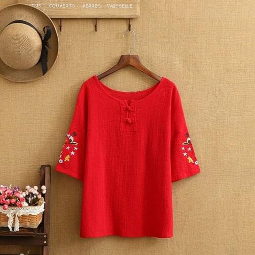Plus Size T Shirt For Women O-Neck Natural Cotton And Linen Chinese Wind Element Embroidery Pattern Short Sleeve Shirt In Summer