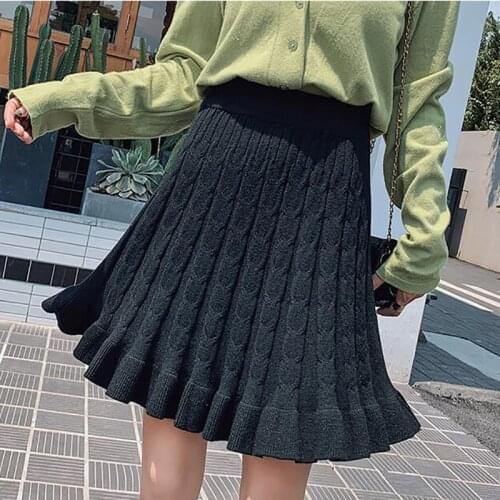 Autumn Winter Women Mini Knitted Skirt Hemp Pattern Wood Ear Pleated Skirts Knit Skirt Short Spodnica Ropa Mujer Student