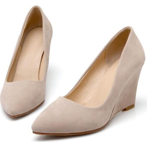 Womens shoes 9cm high wedge heel pointed toe suede upper low top large size 41 rubber sole spring and Autumn shoegg