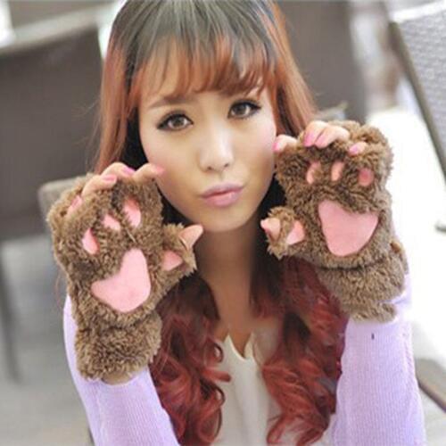 Winter female gloves Women Cute Cat Claw Paw Plush Mittens Short Fingerless Gloves Half Finger