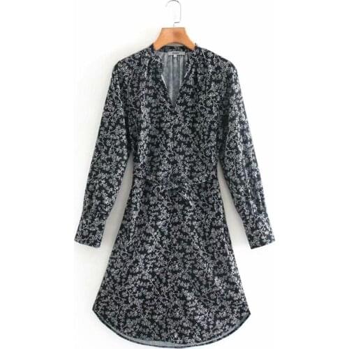 Women Dress Za Vintage Floral Print V-Neck Sashes Mini Dress Long Sleeve Autumn Casual Dresses Female Elegant Mujer Vestidos