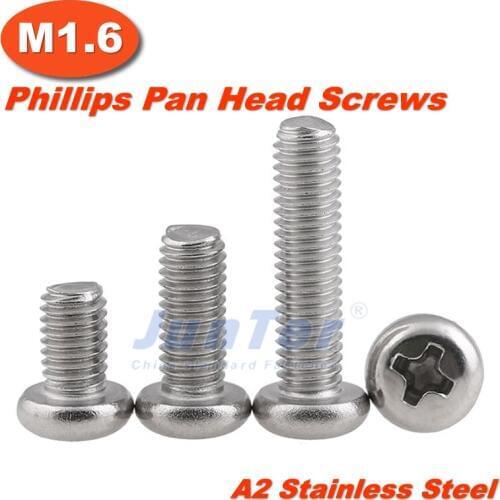 100pcs/lot M1.6(1.6mm) A2 Stainless Steel Phillips Pan Head Machine Screws Metric DIN7985
