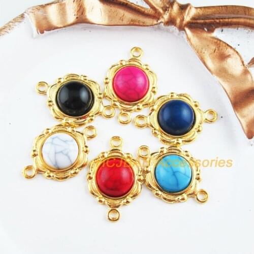 18 New Flower Charms Gold Color Retro Mixed Acrylic Round Connectors 15x23mm