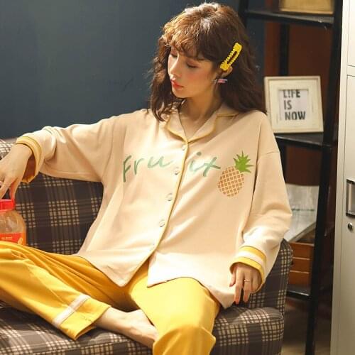 6535 Cotton Turn-down Collar Button-Down Long Sleeve Trousers Pajama Jammies Autumn Winter Girl Lady Women Nightwear Pyjamas cke