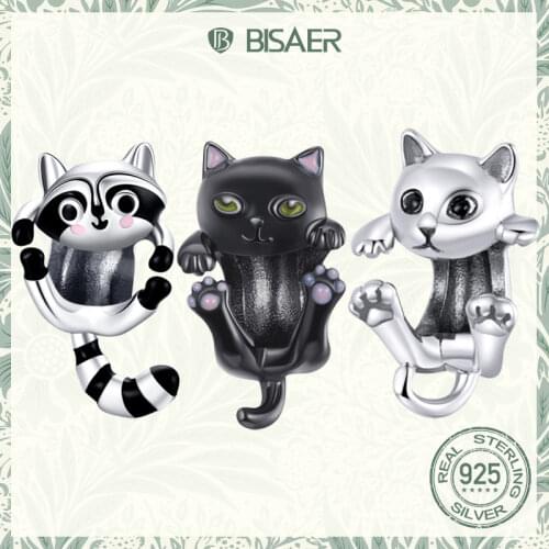 BISAER 925 Sterling Silver Black Cartoon Cat Beads Animal Charms Fit for Women Bracelets Silver 925 Original Fine Jewelry EFC404