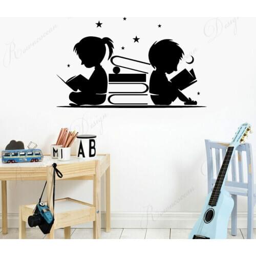 Boy Girl Reading Books Stars Moon Wall Sticker Vinyl Home Decor Reading Room Study Decals Kids Bedroom Wallpaper Removable 4404