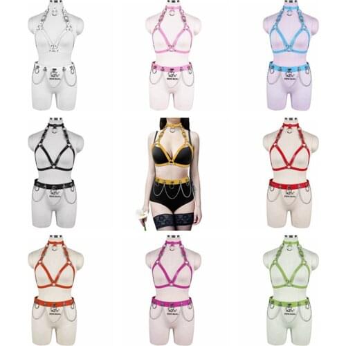 Sexy Lingerie Set 2pc Leather Harness Belt Metal Chain Accessories Hollow Bra Womens Belt Punk Goth Dance Rave Costume Garters