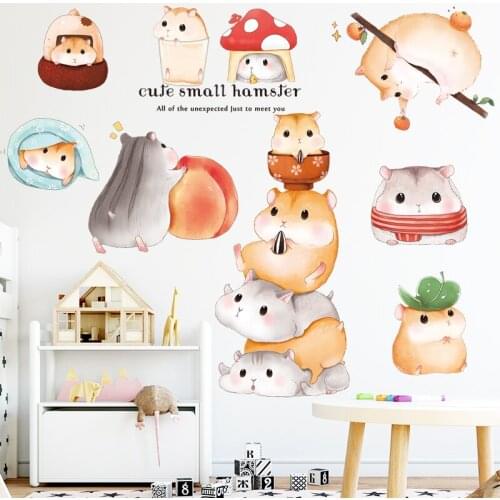 Cute Hamster Wall Sticker Kids Room Decoration Self-adhesive Poster Boy Girl Children Bedroom Decor Cartoon Animal Wallpaper DIY