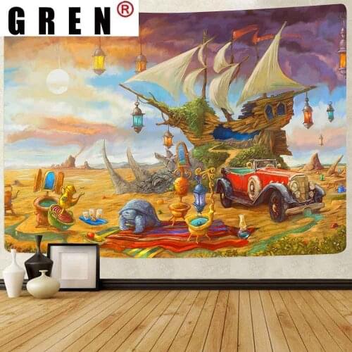 GREN Tapestry Cartoon Magic Ship Wall Hanging Bohemian Sleeping Pad Sandy Beach Throw Towel Rug Blanket Camping Tent Wall Cloth