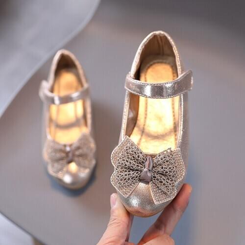Spring New Kids Shoes Spring Summer Girl Leather Low Heel Bowtie Rhinestone Big Girl Shoes Sweet Baby Girl Princess Shoes