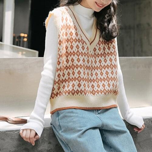 Harteen Spring Autumn 2021 New Korean Fashionable Vintage Loose v-Neck Sweater Vest Women Clothing Chalecos Para Mujer Femme Top