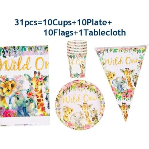 31-61pcs Pink Wild One Disposable Tableware Girl Birthday Party Decor Kids Safari Woodland Forest Theme Jungle Baby Shower Girl