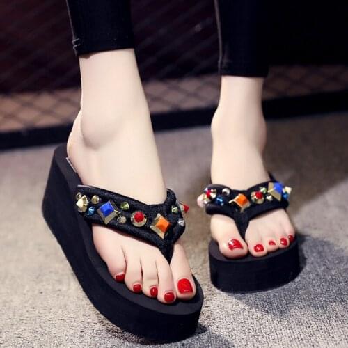 Colorful Big rivet tong sandals femme summer women beach flipflops shoes clip toe platform wedges espadrilles slippers high heel