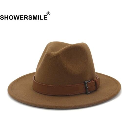 SHOWERSMILE Khaki Women Wool Fedora Hat with Leather Belt Panama Hat Winter Autumn Wide Brim Jazz Trilby Male Sombrero Cap