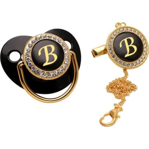 Luxury Black Bling Baby Pacifier And Clip Alphabet Letter M Infant Pacifier Gold Letter Unique 26 Name Initials Baby Shower Gift