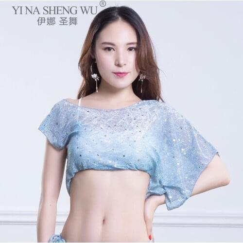 Belly Dance Top Female Adult Elegant Sequins Irregular Short Sleeve Tops Performance Oriental Dancing Shirt Practice Clothing