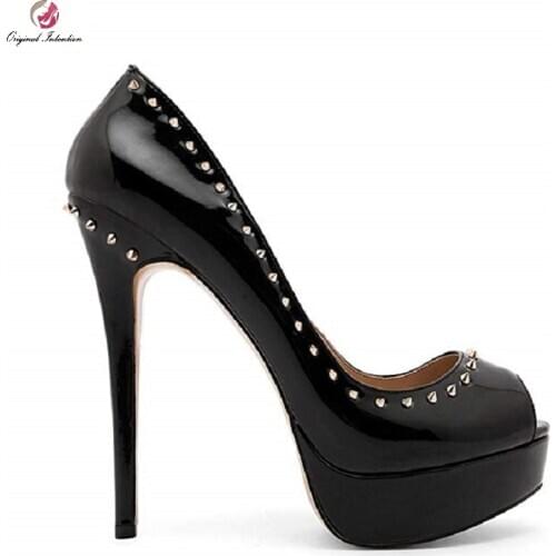 Stylish Women High Heels Pumps Thin Heels Peep Toe Platform Heels Black Rivet Party Shoes Summer Woman Pumps Large Size 35-45