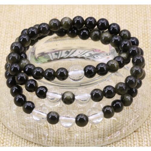 New fashion long bracelet for women natural stone black obsidian 6mm round beads chain strand bangle jewelry 20inch B3174