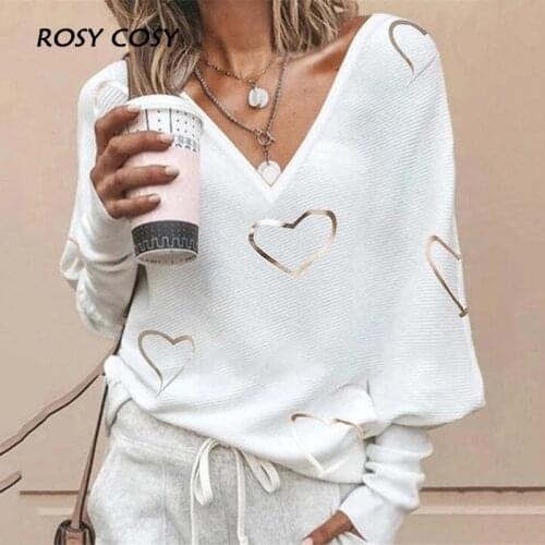 Deep V-Neck Long Sleeve Autumn Women Pullover Tops Elegant Heart Printed Office Ladies Blouse Casual Sexy Femme Blusa Streetwear