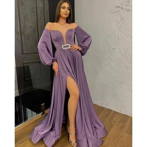 Lavender Evening Dresses A-line Long Sleeves Slit Sexy Dubai Saudi Arabia Long Prom Dress Gown Robe De Soiree