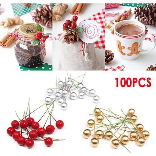50/100pcs Artificial Berries Flower 10/20mm Vivid Cherry Stamen Foam Artificial Fruit Flower Christmas Tree Decoration for Home
