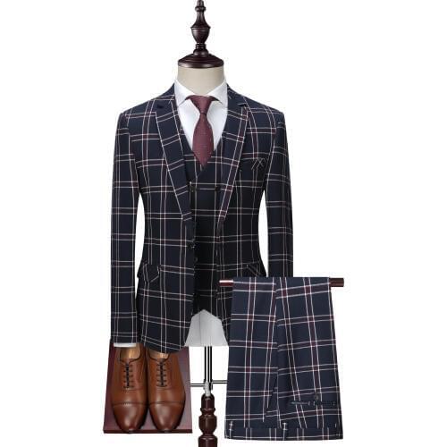 British Plaid 3 Piece Men Suits Slim Fit Business Suits Mens Dress Suit 2020 Formal Wear Blazer Vest Pants