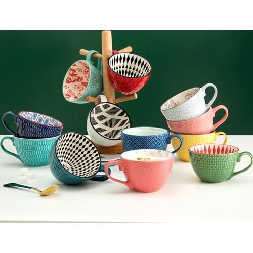 Creative Relief Cup Milk Tea Cup Ceramic Hand-painted Cup Lovers Cup Coffee Milk Cup Cereal Cup Breakfast Cup Water Cup