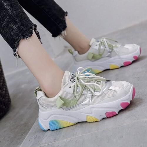 New Autumn Sneakers Women Shoes Breathable Mesh Net Casual Shoes Lace Up Round Toe Thick Bottom High Heels Platform Shoes Woman
