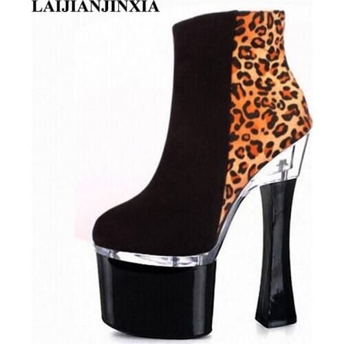 LAIJIANJINXIA 18cm Square High Heel Sexy Leopard Grain Womens Sexy Platform Shoes Ankle Boots Dance Shoes