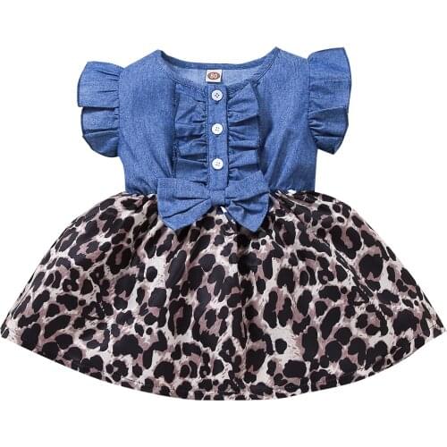 2021-02-24 Lioraitiin 1-5Years Toddler Baby Girl Summer Dress Off Shoulder Dimin Blue Patchwork Leopard Printed Clothing 2Styles