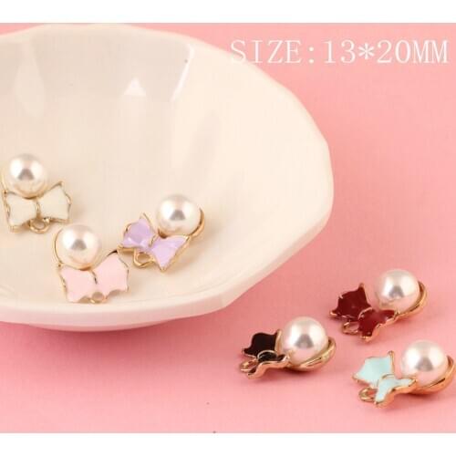 Trendy Ribbon Knot Bow Decorated Round White Pearls Jewelry Charms Gold Tone Plated DIY Findings Bracelet Necklace Pendant Charm