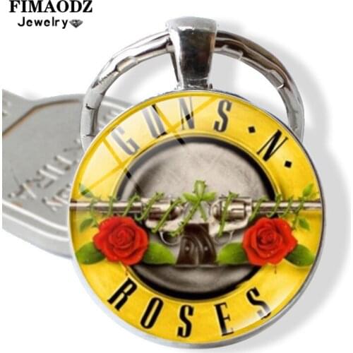 FIMAODZ Trendy Guns n Roses Keychain Steampunk Music Band Alloy Pendant Silver Key Chain Car Bag Key Ring for Men Women Gift