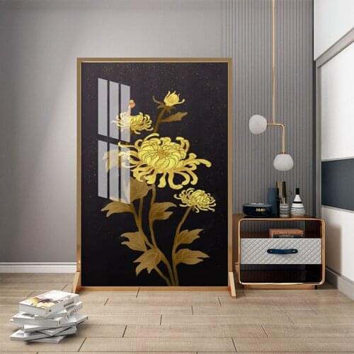 Fashionable modern luxury golden chrysanthemum art screen partition guest restaurant home metal mobile screen
