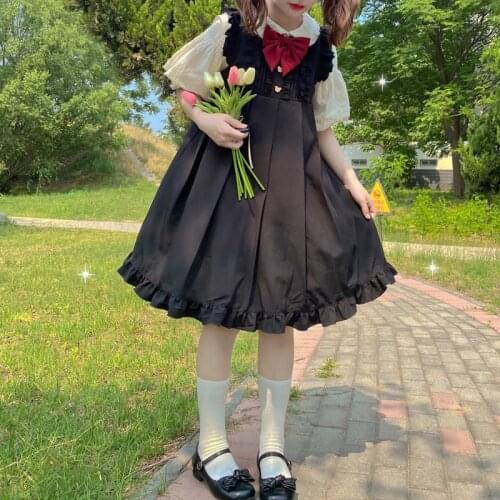 Japanese Sweet Lolita Soft Girl Dress Summer Vintage Ruffle Pink Black Blue Strap Dresses Vestidos Midi Kawaii Women Dress 2021
