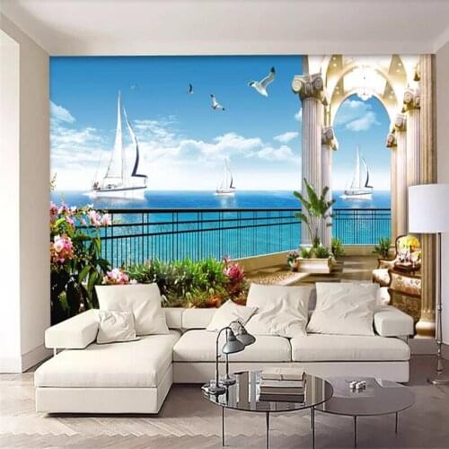 Custom mural wallpaper 3d balcony sea view blue sky white clouds sailboat photo wallpaper for Living Room Wall papers Home Decor