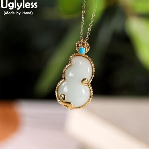 Uglyless Charming Eastern Beauty Gourd Pendants Necklaces NO Chains Emerald Gemstones Jewelry Gold 925 Silver Ethnic Necklaces