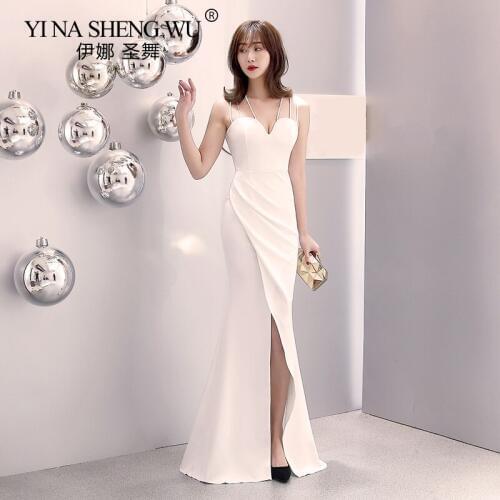 New Mermaid Long Dress Elegant Spaghetti Strap Backless V neck High Slit With Train Formal Prom Sexy Gowns For Women Vestidos