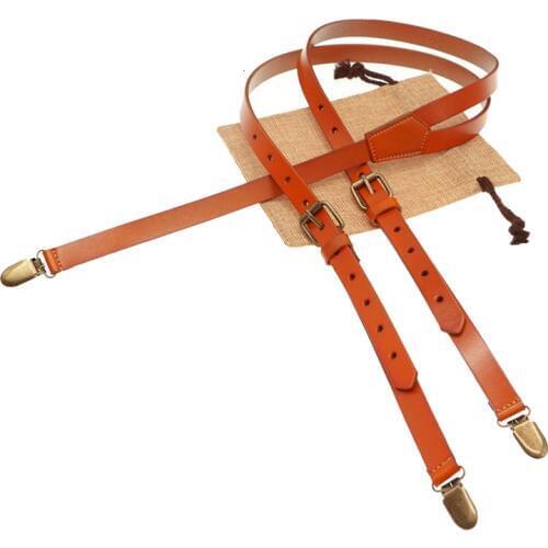 1.7cm real retro cowhide brown leather strap Women men suspenders belt adjustable bronze buckle braces groom Y-Shaped gift bag