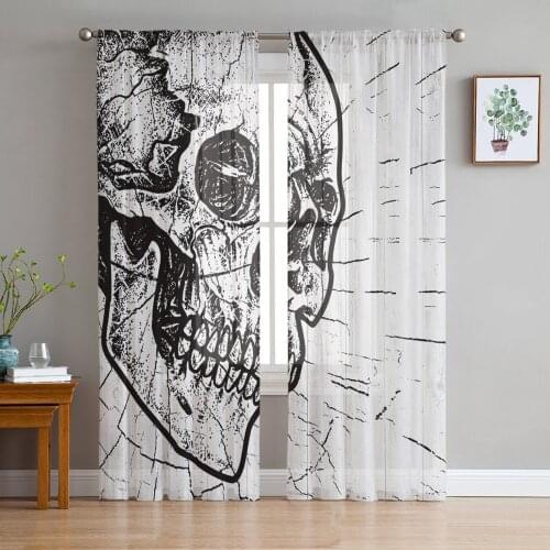 Wood Grain Skull Retro Sheer Curtains for Living Room Bedroom Kitchen Chiffon Tulle Curtains Home Hotel Coffee Decor