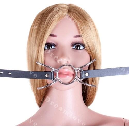 Sex Bondage Lockable Leather Strap Metal O Ring Spider Gag Kinky Fetish Adult Submission Trainer Ring Gag Restraint Toy