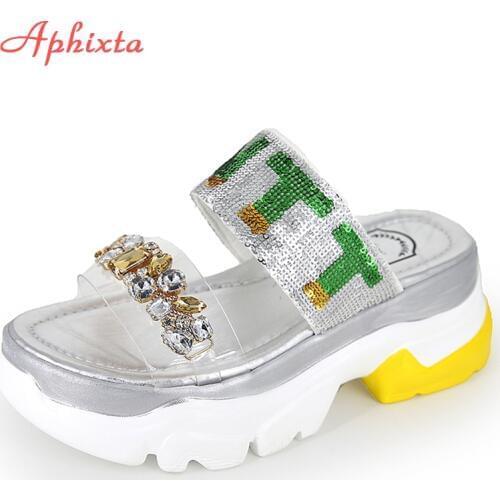 Aphixta Bling Grystals Slides Women Pearl Thick Sole Summer Slippers Rhinestone Casual Shoes Beach Platform Heels Slippers Woman