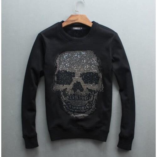 Rhinestones Design Hot drill Skull Man Fashion Casual hoodies Diamond stone Mens Sweatershirts