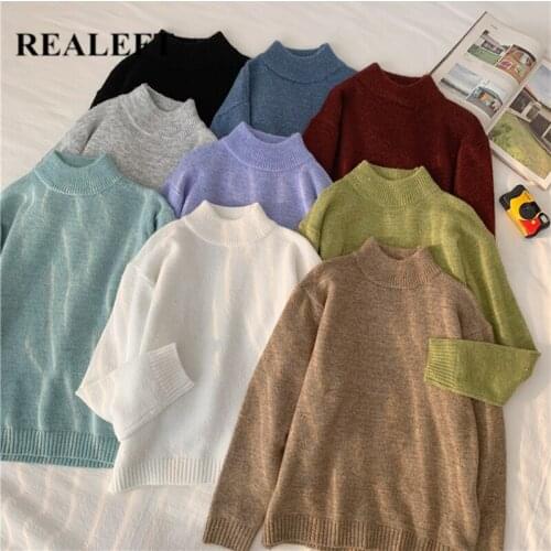 REALEFT Autumn Winter Loose Knitted Womens Sweaters 2021 New Solid Long Sleeve Turtleneck Oversize Pollovers Chic Tops Female