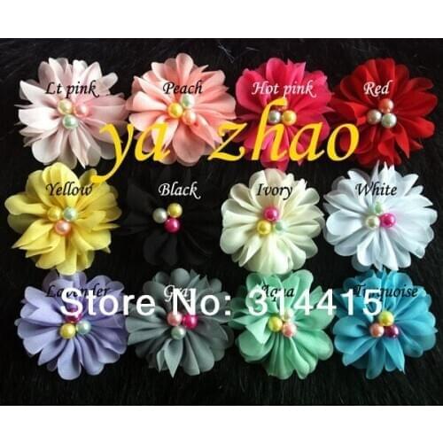 Trail order, 2.3" chiffon silk hair flower with colorful pearls, headwear, 60pcs/lot, mixed 12colors, free shipping