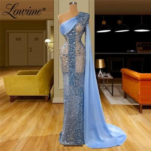Evening Dresses 2020 Blue One Shoulder Crystals Party Dress Mermaid Illusion Dubai Arabic Prom Evening Wear Vestidos De Fiesta