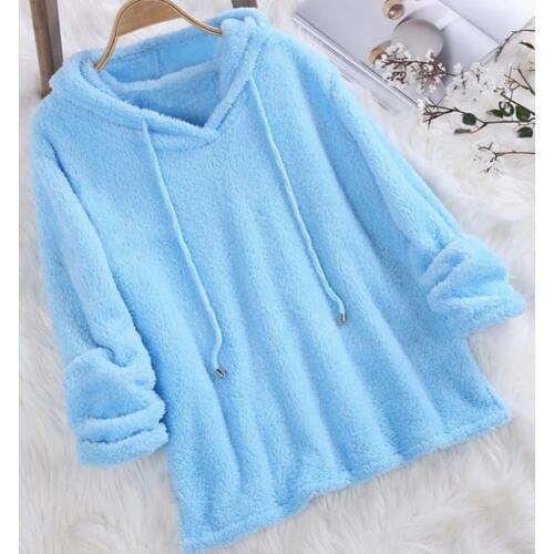 Plus Size Autumn Winter Women Long Sleeve Hooded Blue Pink White Plush Fluffy Hoodies Fleece Pullover Pajama Loose Hoodie Top