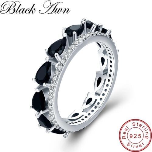 [BLACK AWN] Real 100% 925 Sterling Silver Rings for Women Water-Drop Black Spinel Engagement Ring Sterling Silver Jewelry G026