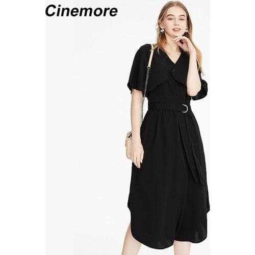 Cinemore New Dresses for women 2021 Short Sleeve Casual Dresses V Neck Buttons Elegant Solid With Belt Pink Dresses Q92259
