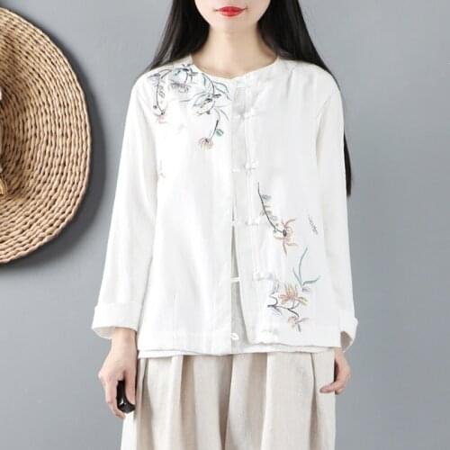 2021 Traditional Chinese Style Clothing Women Top Embroidery Hanfu Clothes Oriental Clothing Cotton Linen Blouse For Women 12189