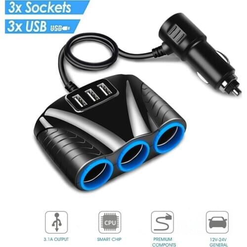 3-Way Car Auto Cigarettes Lighter Socket Plug Splitter USB Charger Power Adapter Car ABS Ciga-rette Lighter Charger
